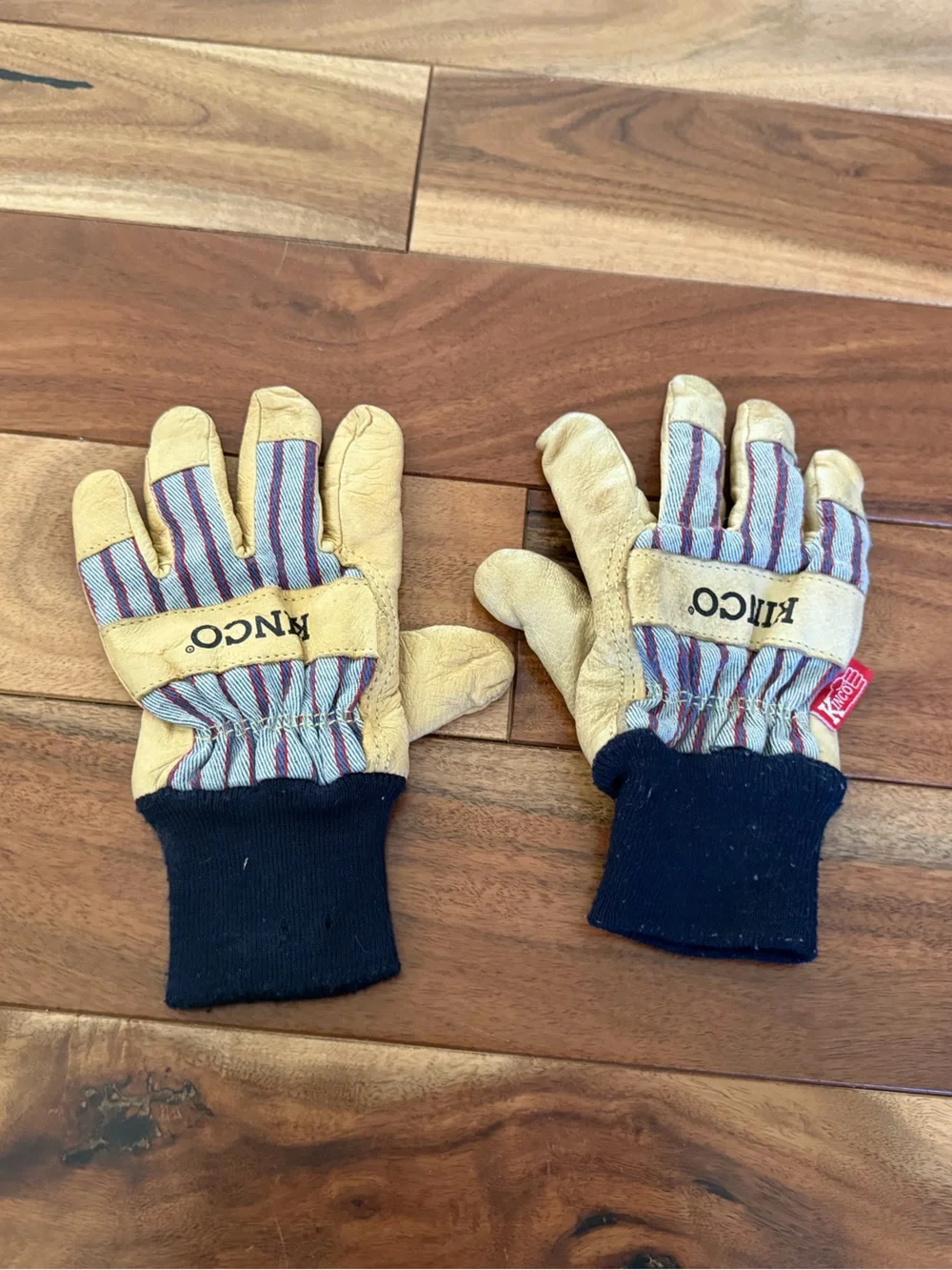 KINCO Kids Striped Leather-Back Mittens in Tan and Navy